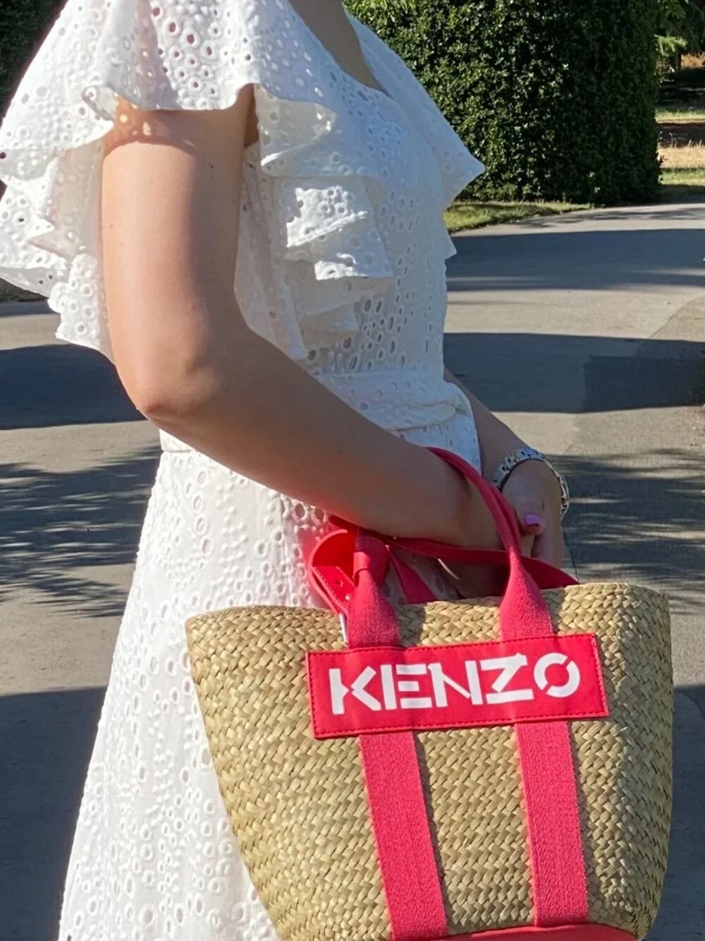 KENZO Logo Raffia Tote Bag Beige Pink Shoulder Bag